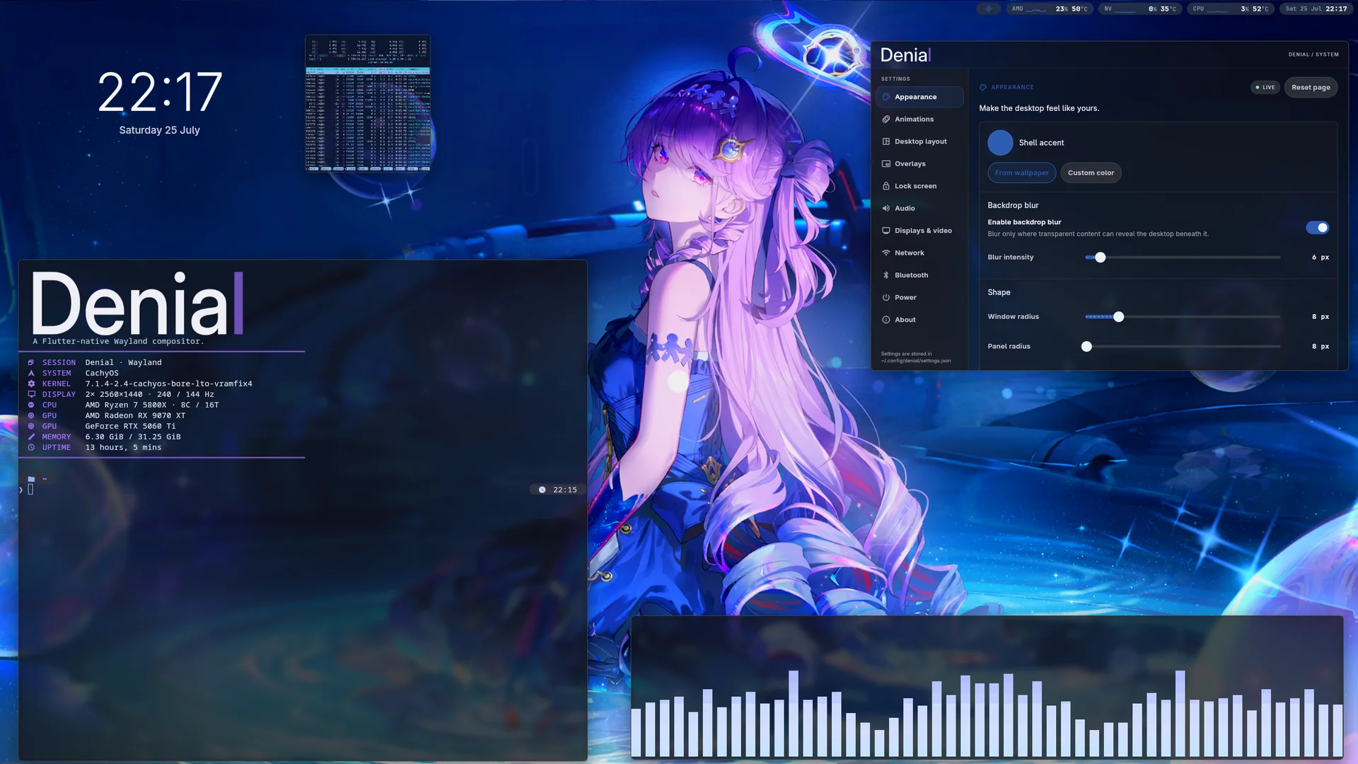A development build of the Denial desktop, with a terminal and settings window composed over a blue and purple background